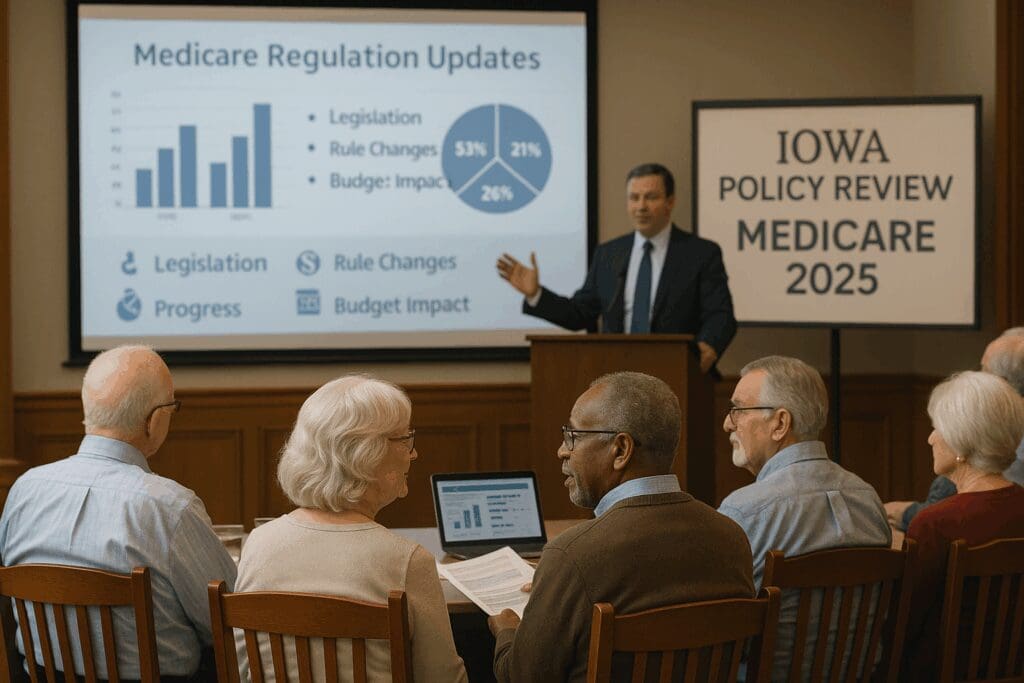 Seniors attend an Iowa town hall reviewing Medicare supplement plans Iowa 2025, with charts on regulation updates and policy changes.