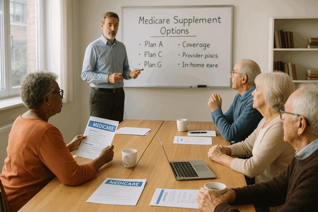 Seniors attending an educational seminar on Medicare supplement plans Iowa with a presenter explaining options on a whiteboard.