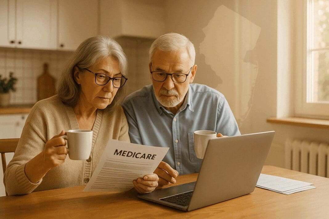 Senior couple in a sunlit New Jersey kitchen reviewing documents and a laptop while researching the best health insurance Medicare in NJ.