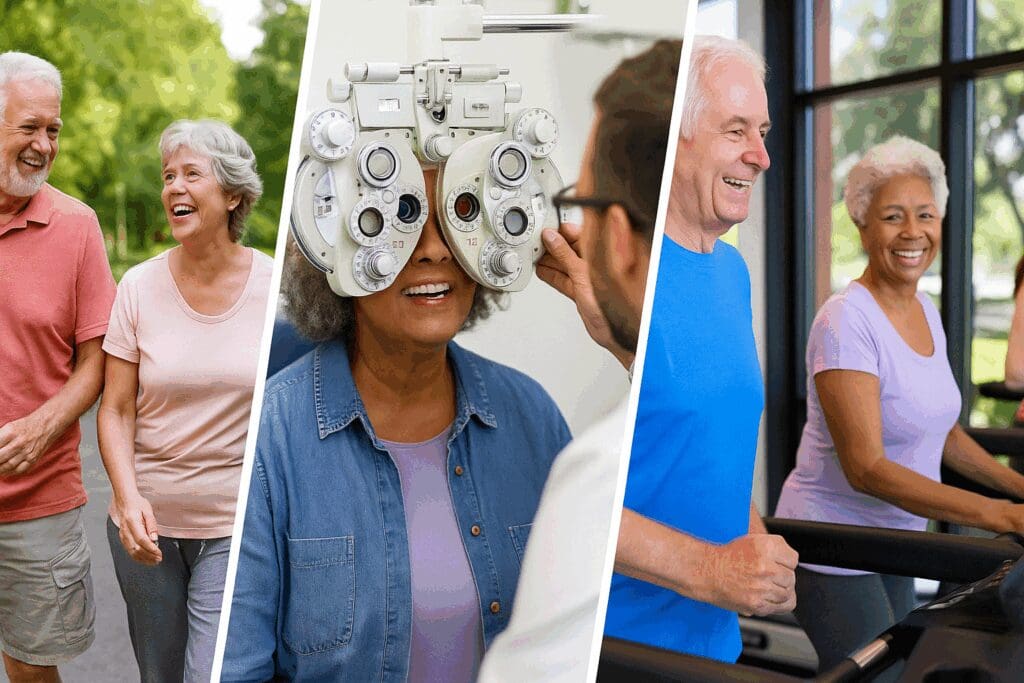 Older adults in New Jersey walking, getting a vision check, and using a gym—benefits of the best health insurance Medicare in NJ.
