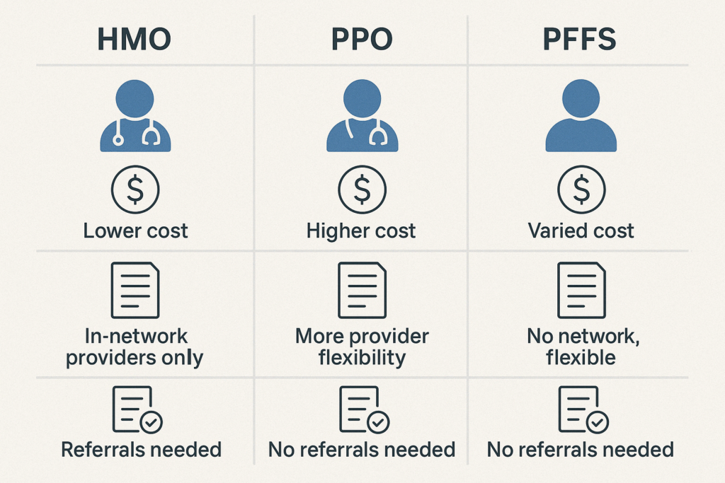 Comparison chart of HMO, PPO, and PFFS plans showing cost, provider access, and referrals for best health insurance Medicare in NJ.