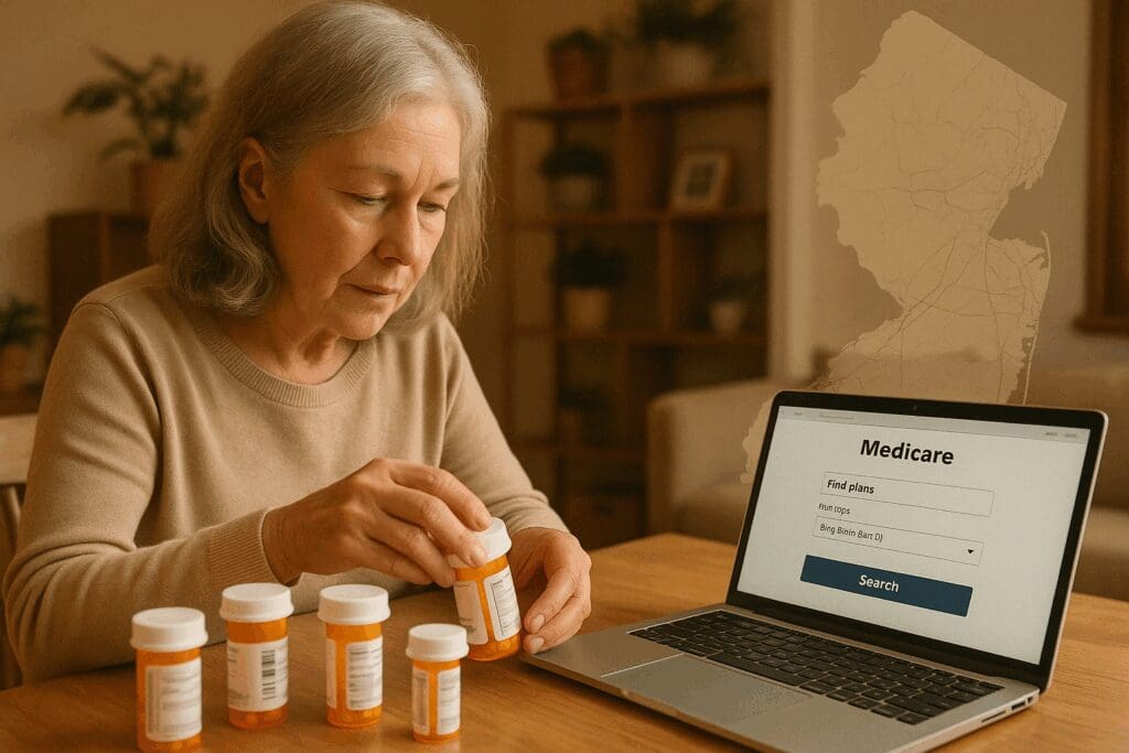 Senior woman comparing prescriptions using laptop with Medicare plan finder, researching best health insurance Medicare in NJ