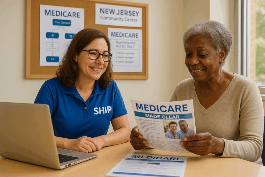SHIP counselor helping a senior woman review best health insurance Medicare in NJ options at a New Jersey community center.