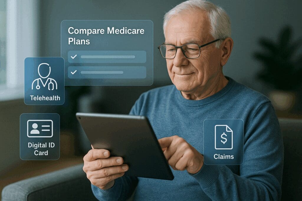 Senior man using a tablet to compare the best health insurance Medicare in NJ with digital features like telehealth and claims tracking.