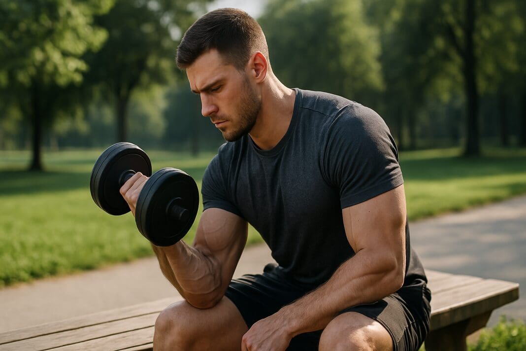 A fit young man performs a focused bicep curl with a dumbbell while kneeling on a park bench under soft sunlight, his muscles visibly engaged. The lush greenery and calm outdoor setting reflect a mindful approach to building strength and vitality through consistent resistance training.