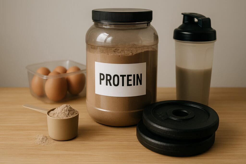 A protein container, scoop, shaker bottle, weight plates, and eggs are neatly arranged on a wooden surface against a soft gray wall. This clean composition symbolizes the essential balance of nutrition and resistance tools needed to build muscle for enhanced strength and performance health.