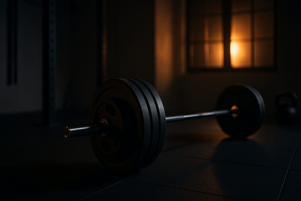 A barbell loaded with weight plates rests on a textured rubber floor in a dimly lit gym, subtly illuminated by warm light from a nearby window. The focused composition and surrounding equipment evoke the quiet intensity of nighttime strength sessions essential for building muscle and enhancing performance health.