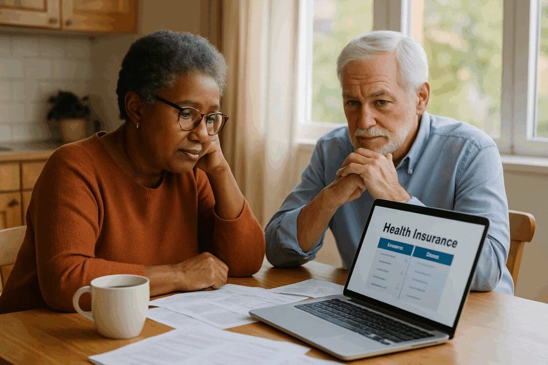 Interracial senior couple at a kitchen table reviewing documents and a laptop to understand how to compare health plans calmly and confidently.