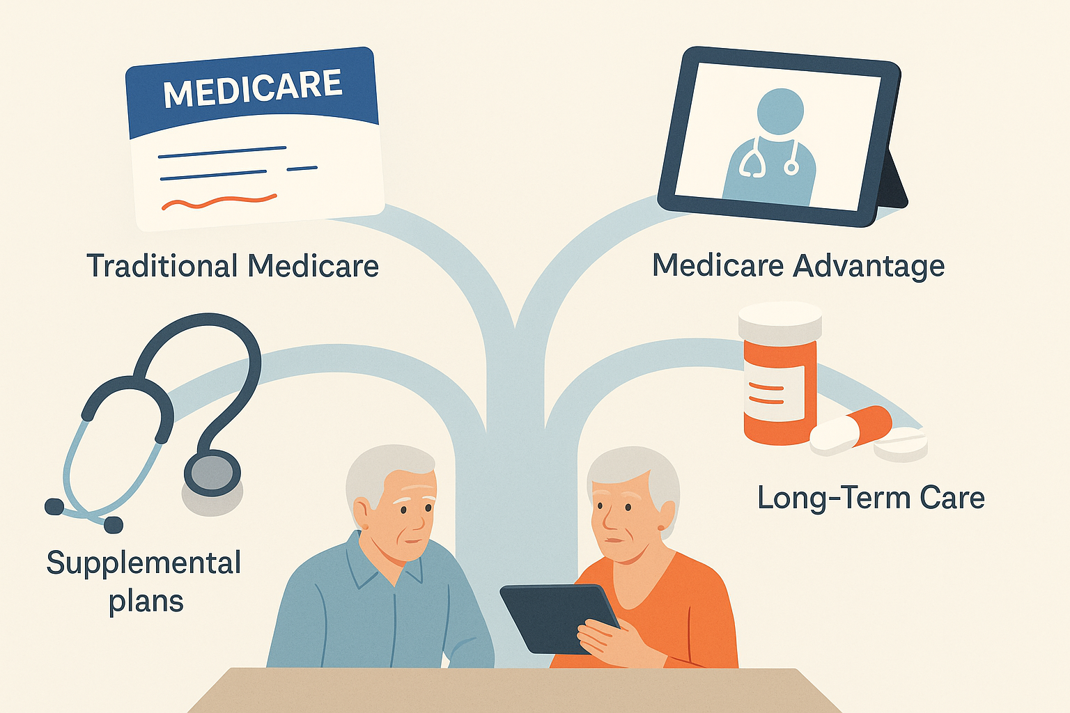Conceptual collage of senior insurance options with medical icons and digital tools showing how to compare health plans visually.