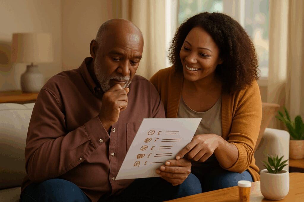 Senior man and adult daughter reviewing a checklist together in a living room, illustrating how to compare health plans with family support.