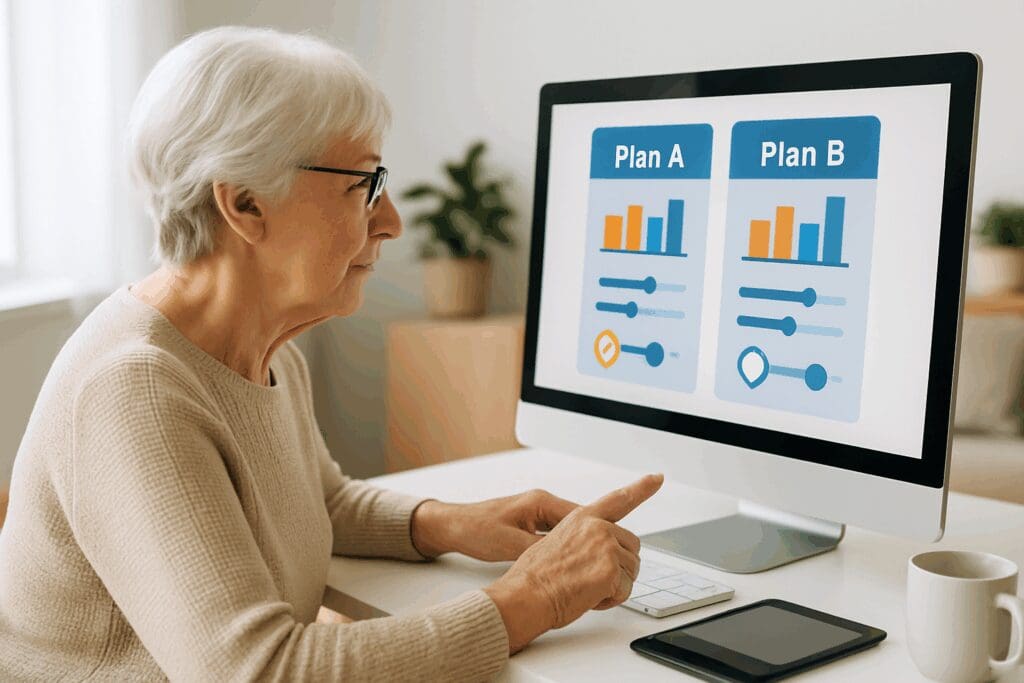 Senior woman reviewing graphic sliders and charts on a desktop tool at home to understand how to compare health plans.