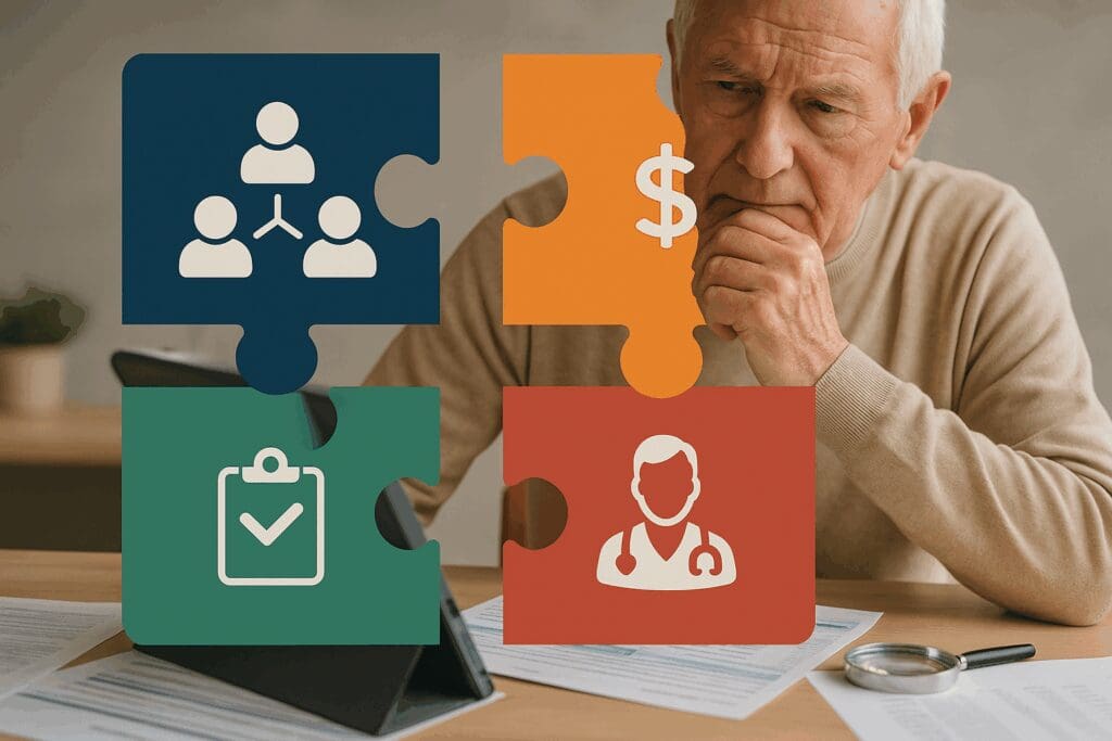 Senior man reviewing documents at desk with symbolic puzzle icons representing how to compare health plans by cost and coverage.