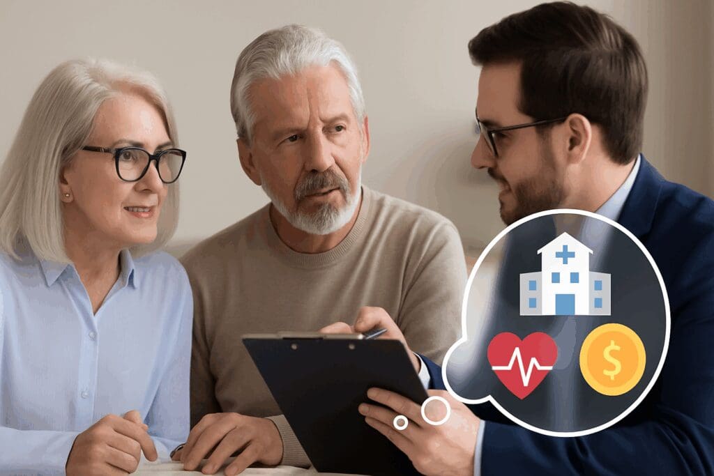 Senior couple consulting advisor with clipboard, imagining coverage options like hospital care and costs, showing how to compare health plans.