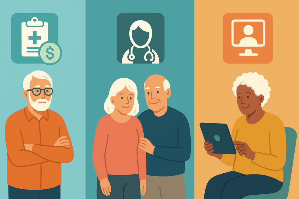 Infographic showing three senior case study panels that illustrate how to compare health plans by care needs, access, and telehealth use.
