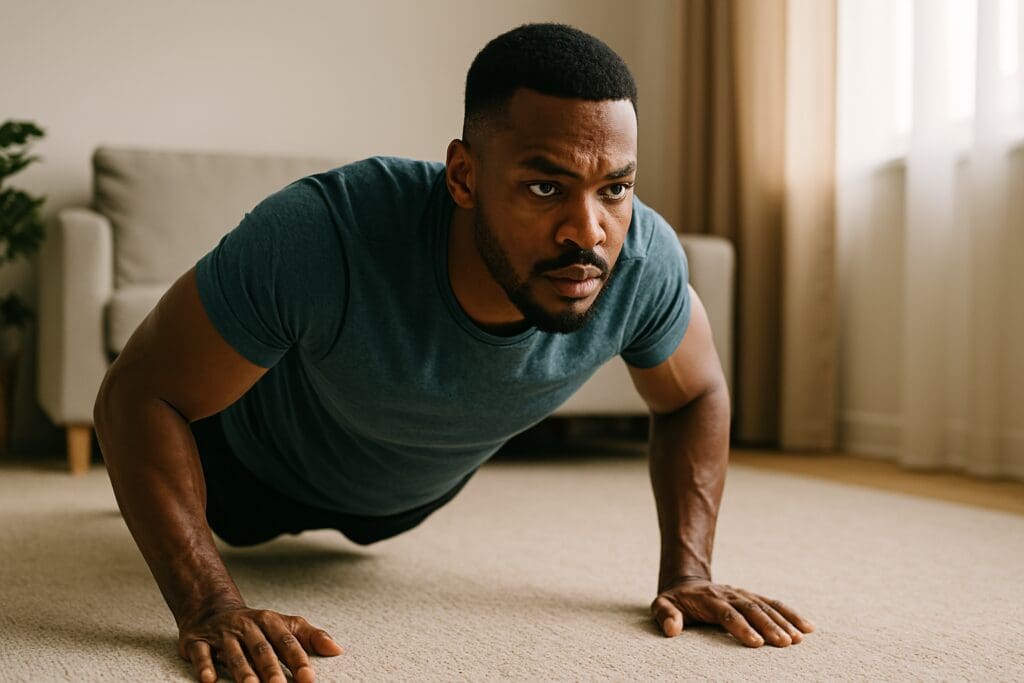 A muscular man in a fitted teal shirt performs a push-up in a sunlit living room, his body aligned in perfect form and his face focused. The neutral-toned space and soft daylight emphasize the strength-building and endurance benefits of functional strength training in a home setting.