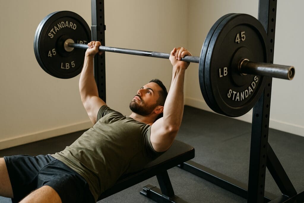 A muscular man in a fitted olive-green shirt performs a barbell bench press in a minimalist gym, his arms extended and face locked in focused effort. The clean setup and precise posture reinforce the strength-building benefits of compound lifts for peak performance health.