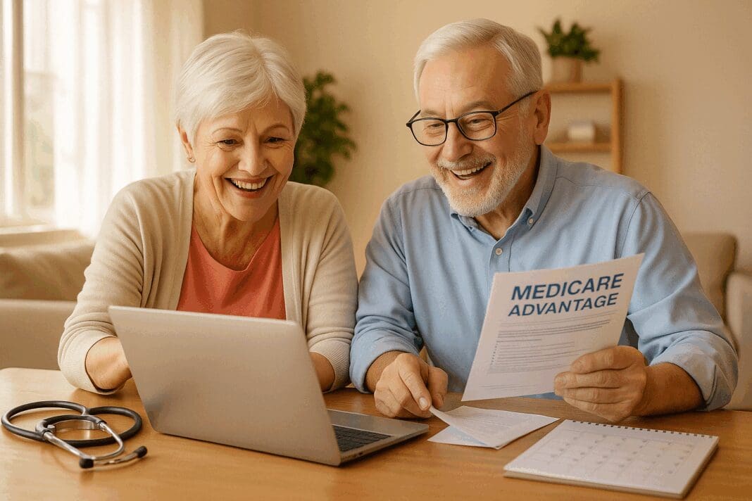 Happy senior couple using a laptop and documents at home to compare options for the best Medicare Advantage plan of 2025.