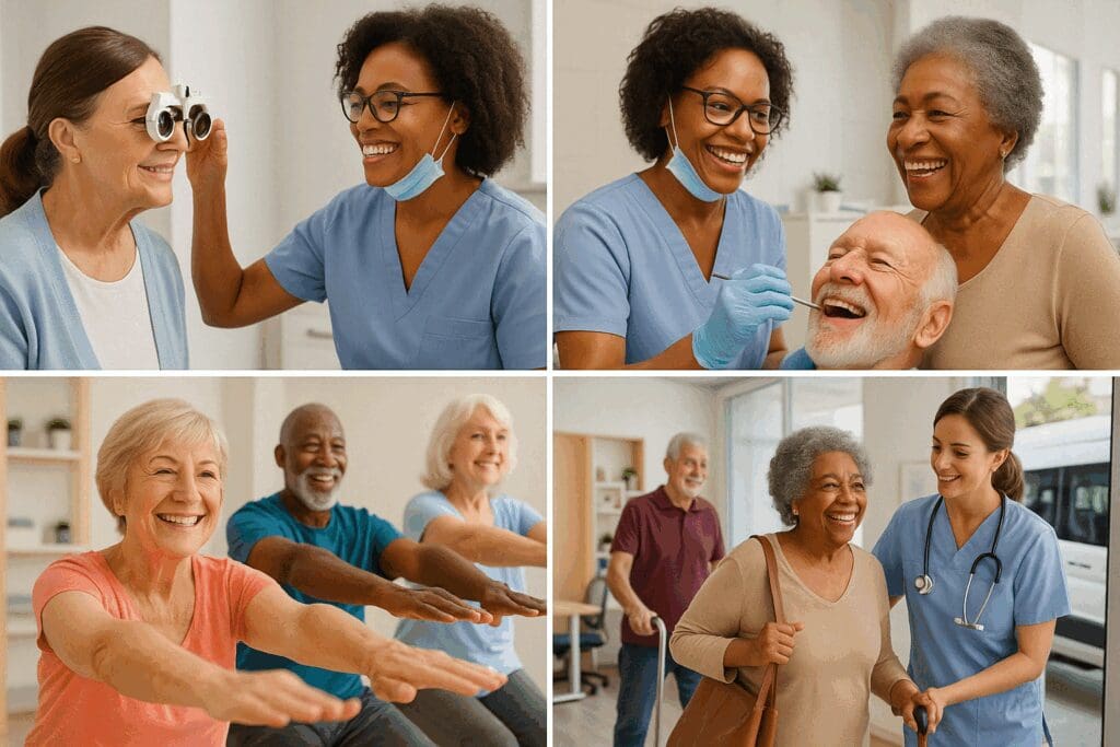 Seniors receiving vision, dental, fitness, and transport services at a clinic—benefits of the best Medicare Advantage plan of 2025.