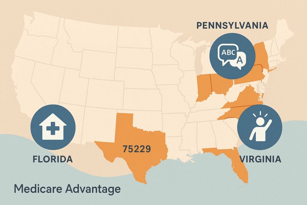 U.S. map highlighting regional services in Florida, Pennsylvania, Virginia, and Texas for the best Medicare Advantage plan of 2025