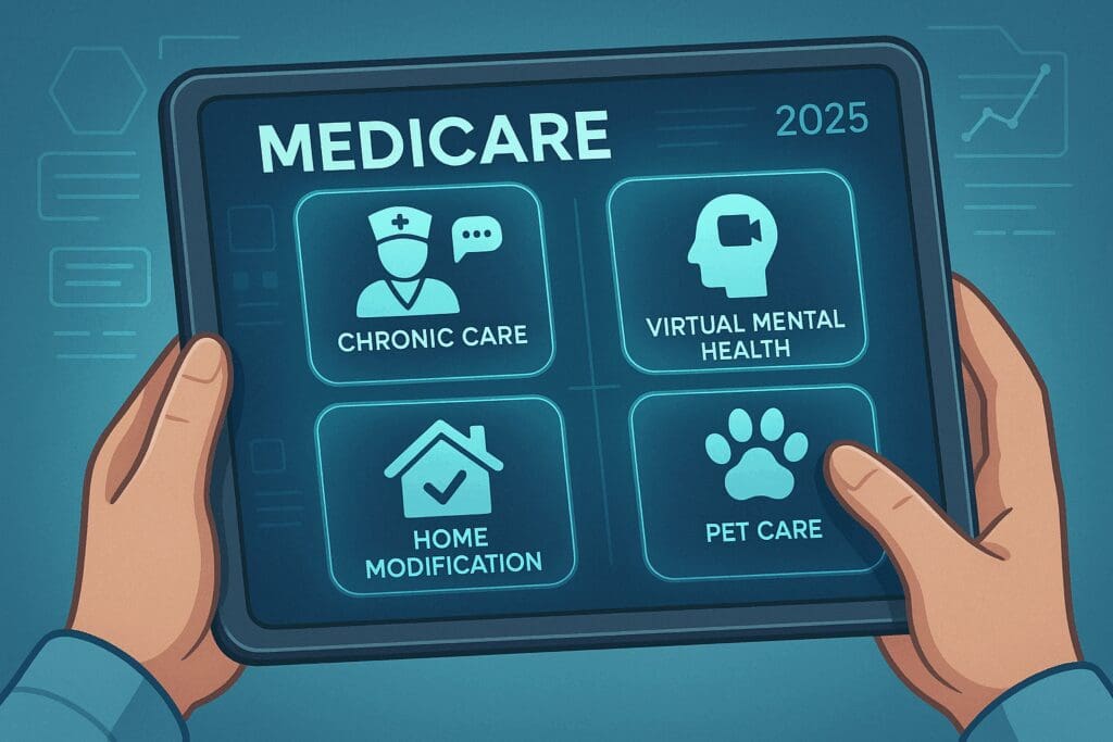 Senior-friendly tablet showing icons for bundled benefits in the best Medicare Advantage plan of 2025, including chronic care and pet support.