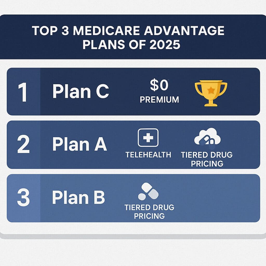 Leaderboard chart ranking the best Medicare Advantage plan of 2025 with icons for $0 premiums, telehealth, and drug pricing benefits."