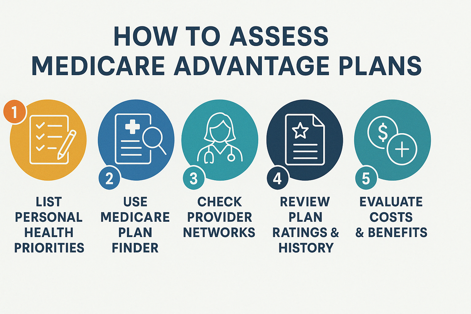 Infographic showing five steps to choose the best Medicare Advantage plan of 2025, including plan finder and cost evaluation