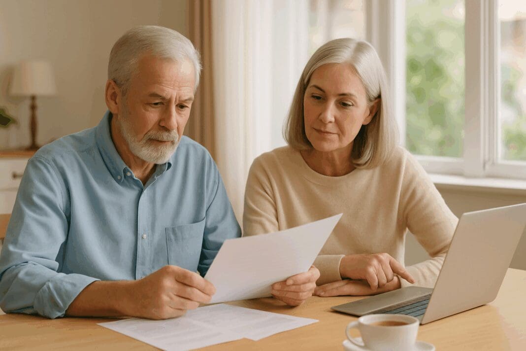 Senior couple at a bright dining table reviewing documents and a laptop, representing how to change your health plan with confidence and clarity.