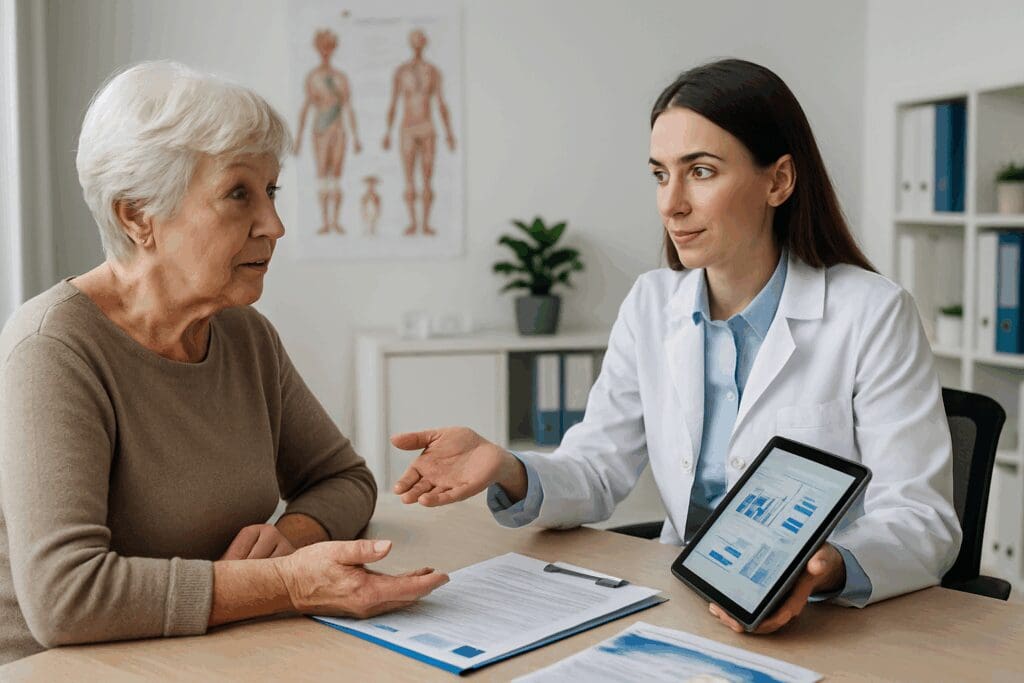 Senior woman consulting with a healthcare advisor reviewing options on a tablet, illustrating how to change your health plan.