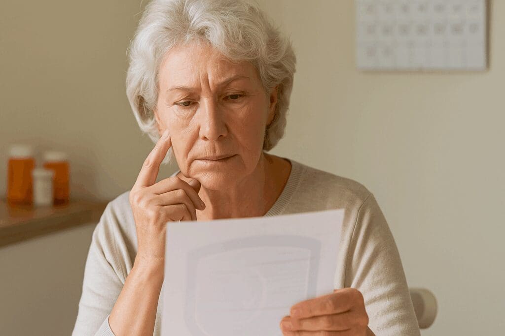 Senior woman looking concerned while reviewing health documents at home, symbolizing how to change your health plan based on evolving needs.