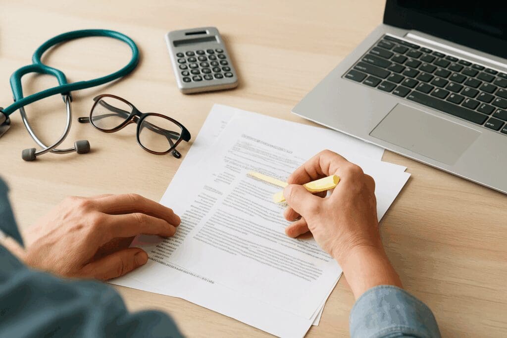 Senior reviewing policy documents with highlighter, stethoscope, calculator, and laptop nearby while researching how to change your health plan.