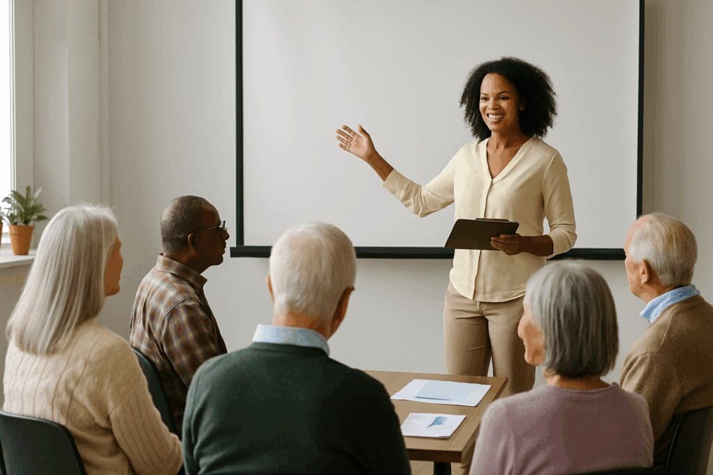 Diverse group of seniors attending a seminar with presenter explaining how to change your health plan using visual aids.