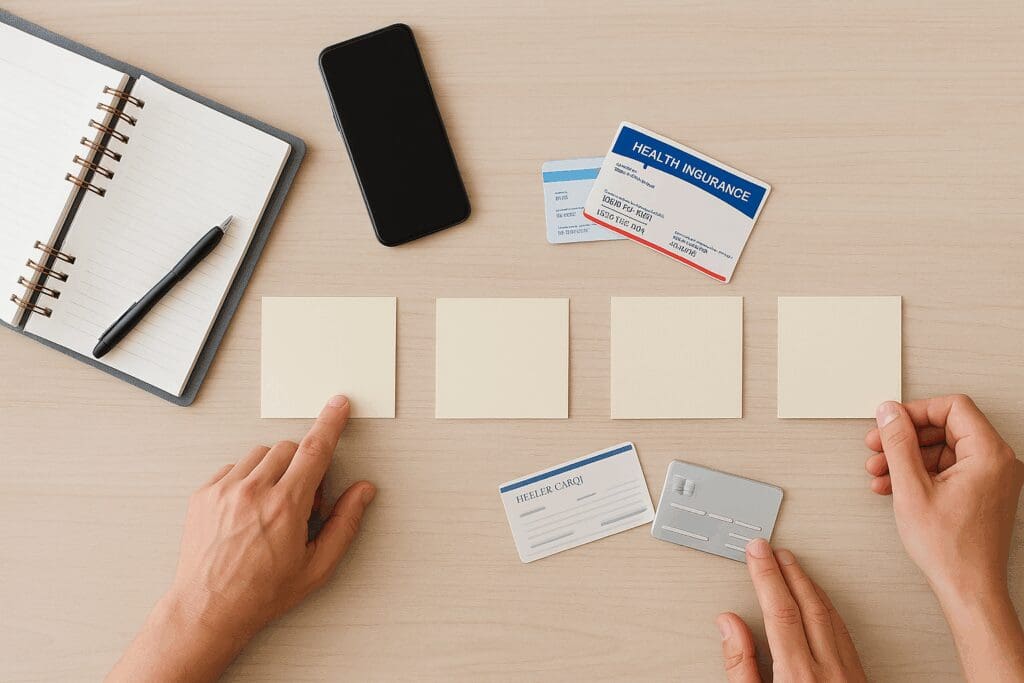 Hands arranging index cards, planner, and health insurance materials to visually represent how to change your health plan step by step.