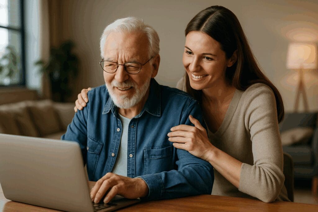 Senior man getting support from a younger woman while using a laptop at home, illustrating how to change your health plan online.
