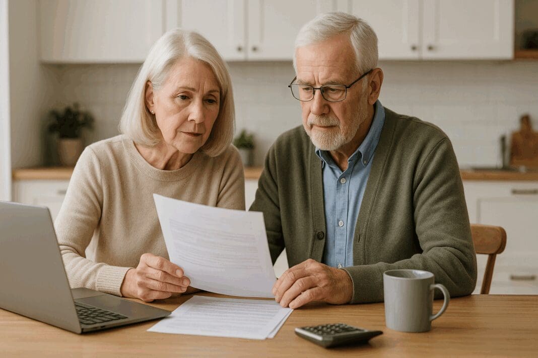 Senior couple reviewing health documents at kitchen table with laptop and coffee, discussing Medicare benefits for elderly.