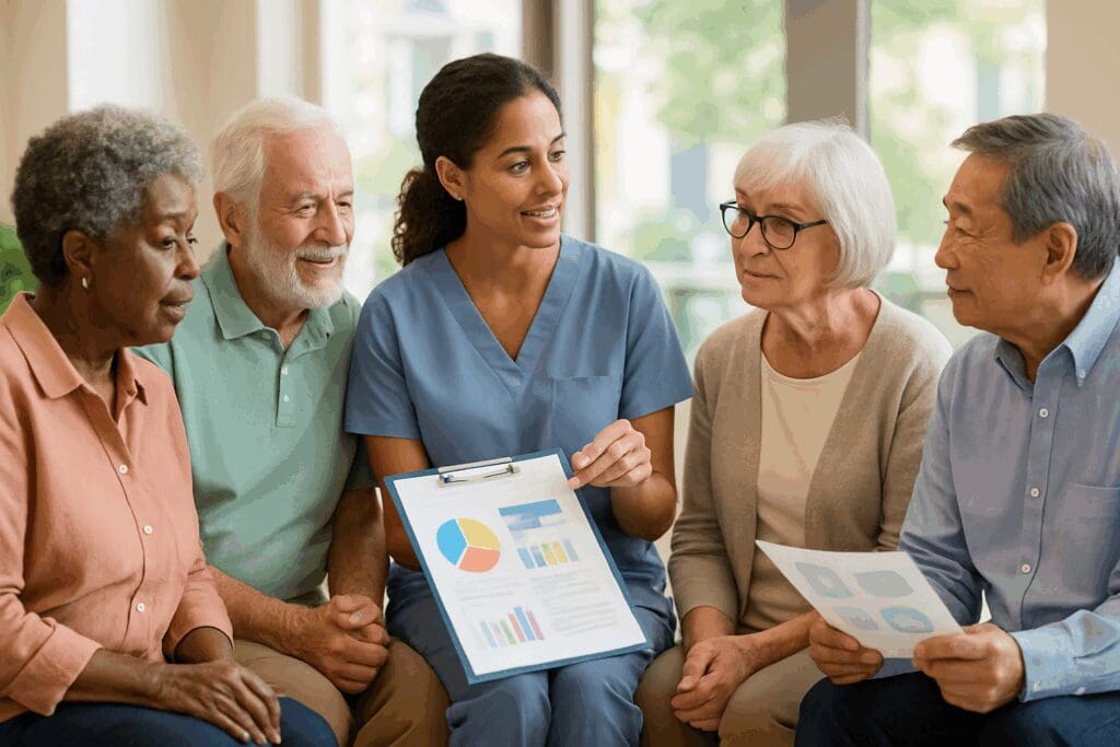 Diverse group of seniors listening to a healthcare expert explain Medicare benefits for elderly using colorful visual charts.