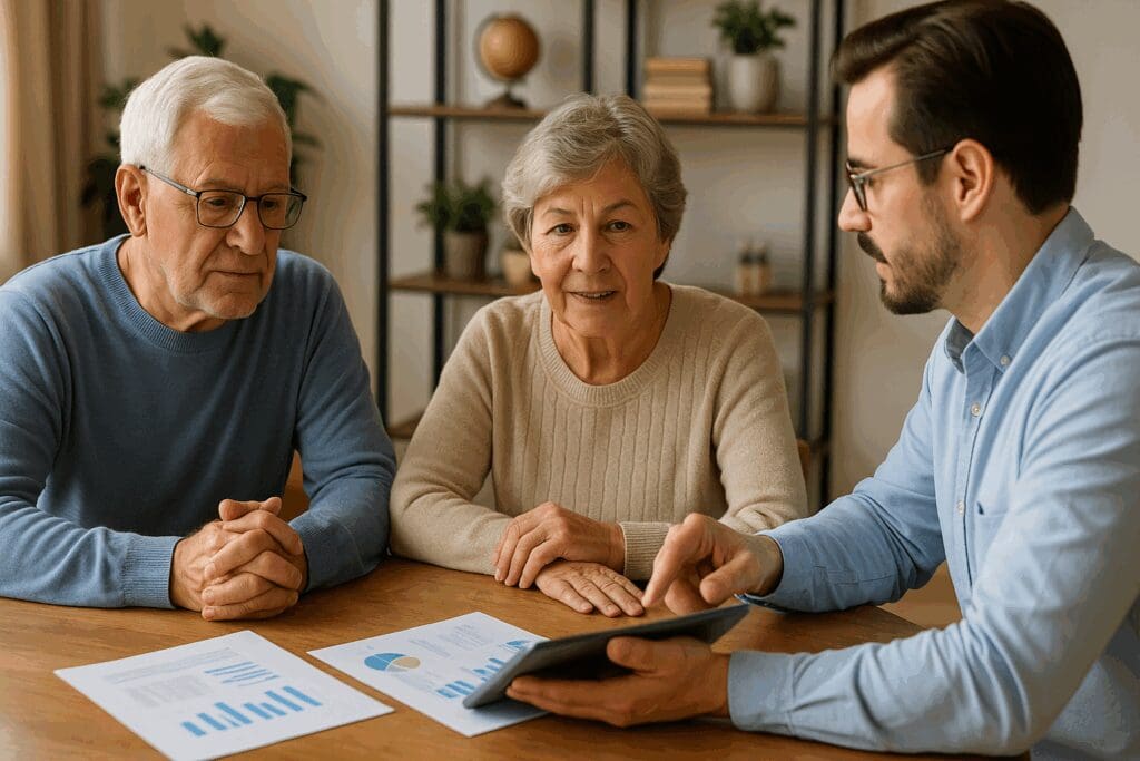 Senior couple discussing Medicare benefits for elderly with an advisor at home, reviewing health plan documents and tablet charts.