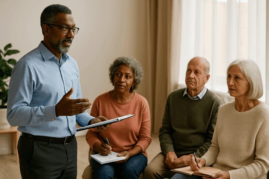 Medicare advisor leading a strategy session with diverse seniors taking notes, discussing Medicare benefits for elderly.