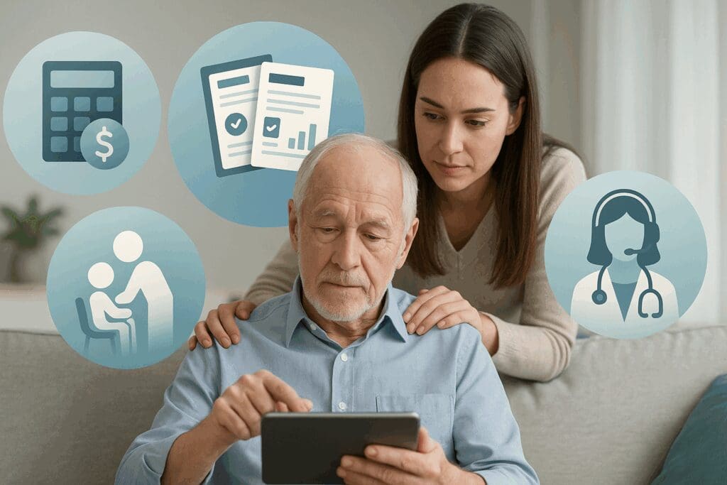 Senior man using a tablet with family support, surrounded by icons representing Medicare benefits for elderly like cost, care, and telehealth.