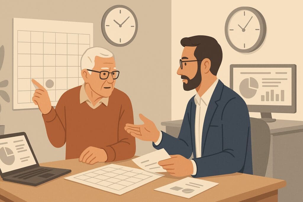 Senior man consulting a financial advisor while reviewing a calendar and data charts, symbolizing planning for HSA and Medicare.