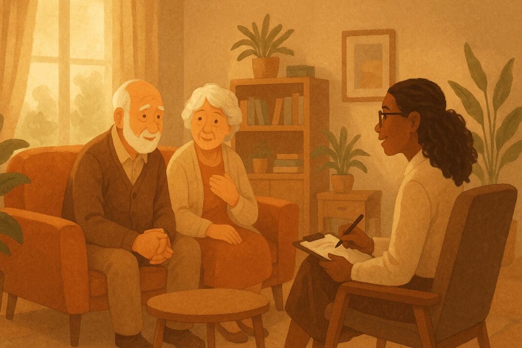 Elderly couple in a warm therapy room speaking with a compassionate therapist during a depression counseling session