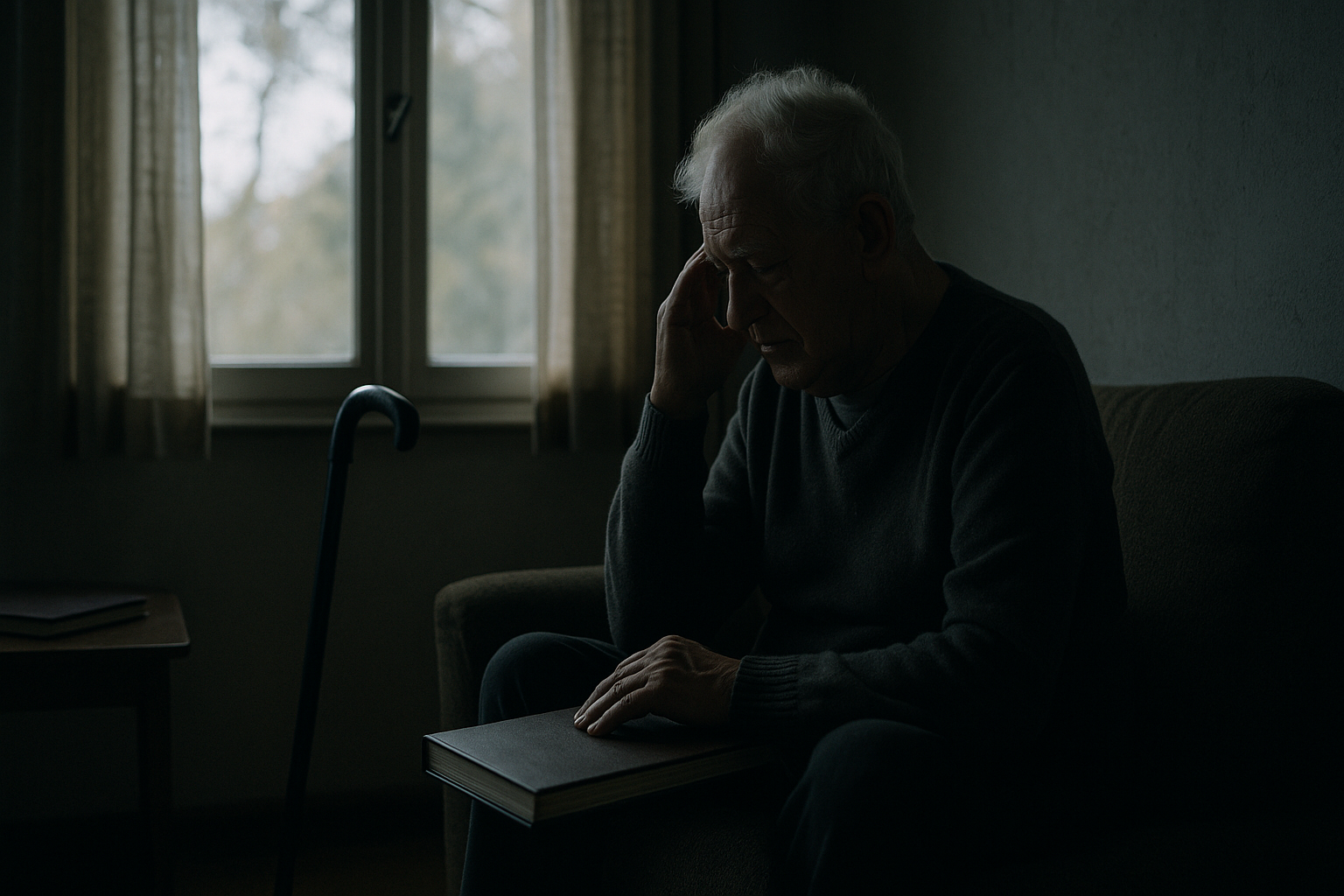 Older man sitting alone in a dimly lit room beside a cane and photo album, symbolizing isolation and the need for depression counseling.