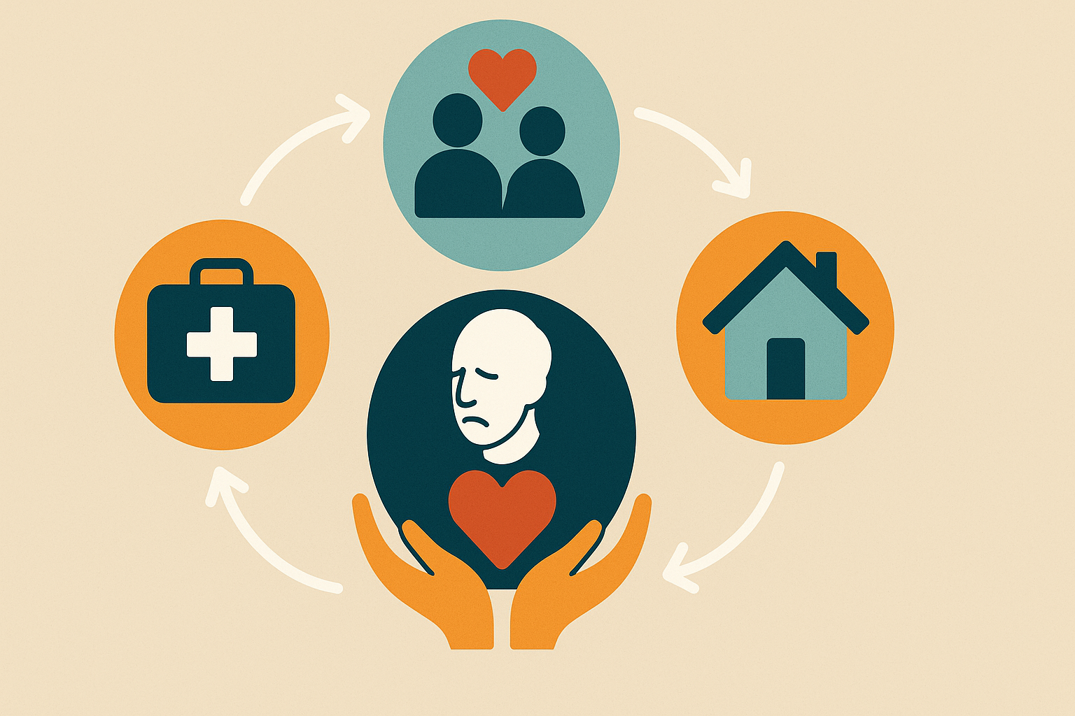 Infographic showing a holistic senior care model with depression counseling, medical care, social support, and housing represented by symbolic icons.