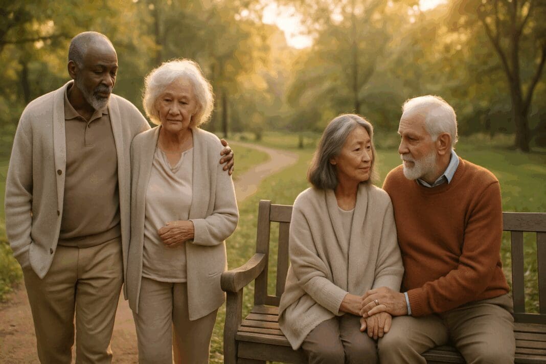 Diverse group of elderly adults in a peaceful park setting, symbolizing emotional support and resilience against depression in seniors