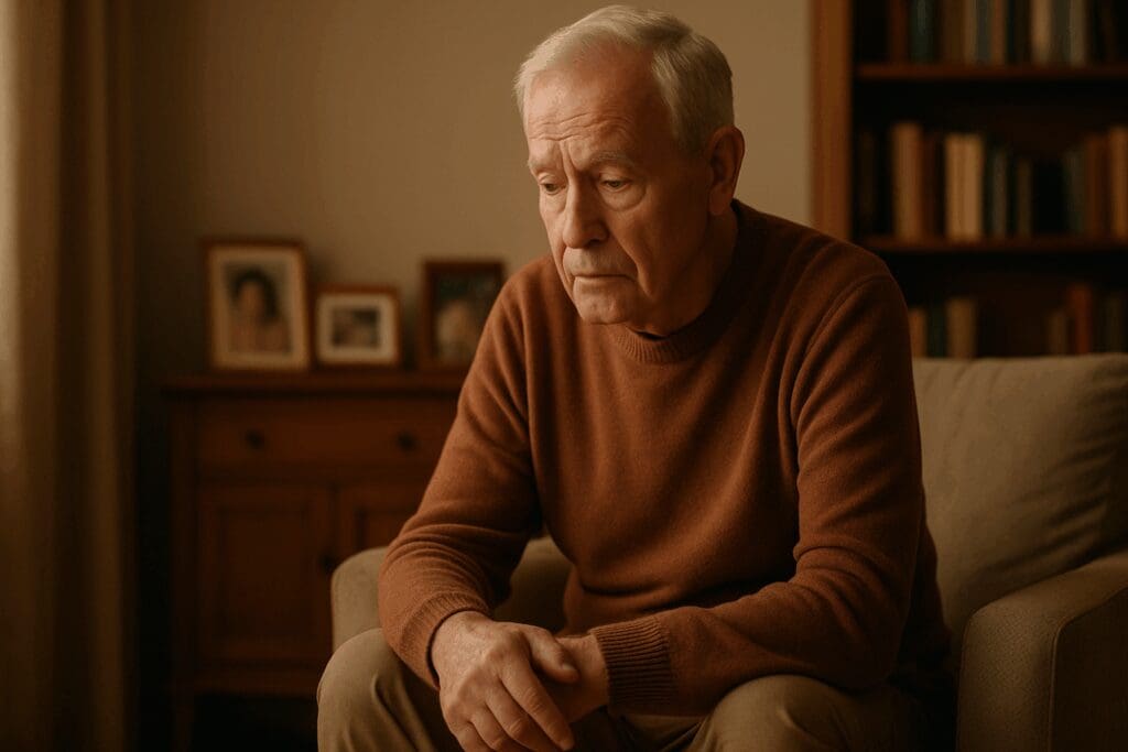 Elderly man sitting alone in a warmly lit living room, reflecting quietly—an intimate portrayal of depression in seniors

