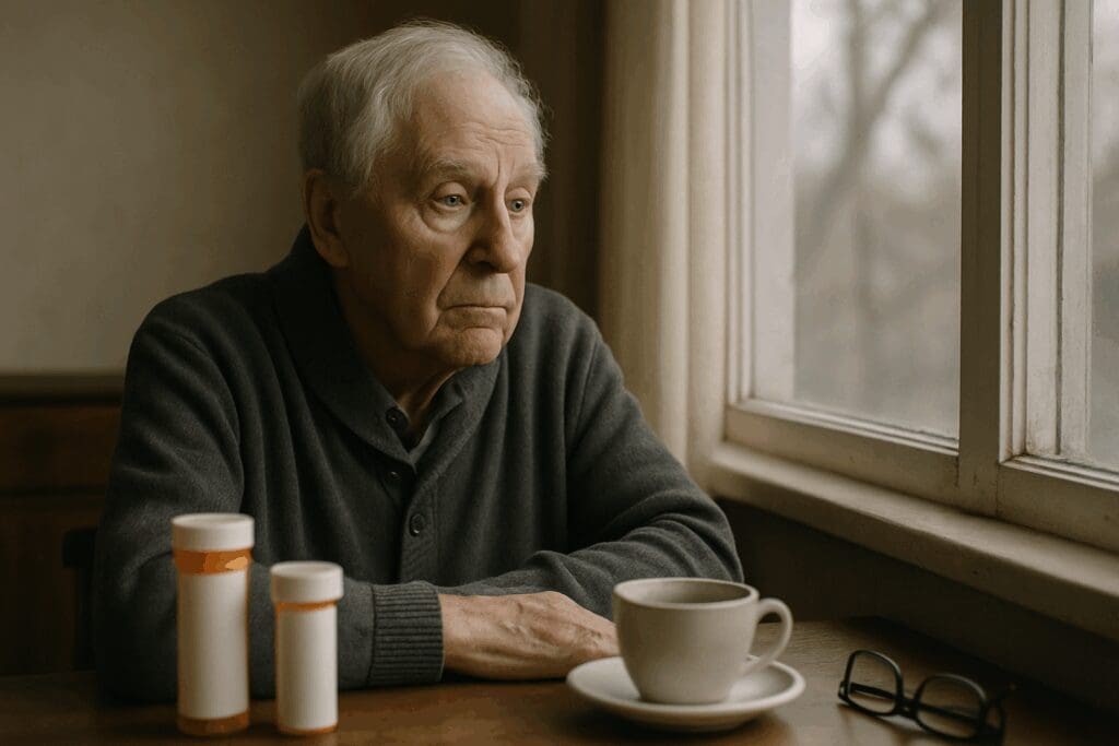 Elderly man with a weary expression gazing out a window, surrounded by pill bottles and reading glasses, illustrating depression in seniors.


