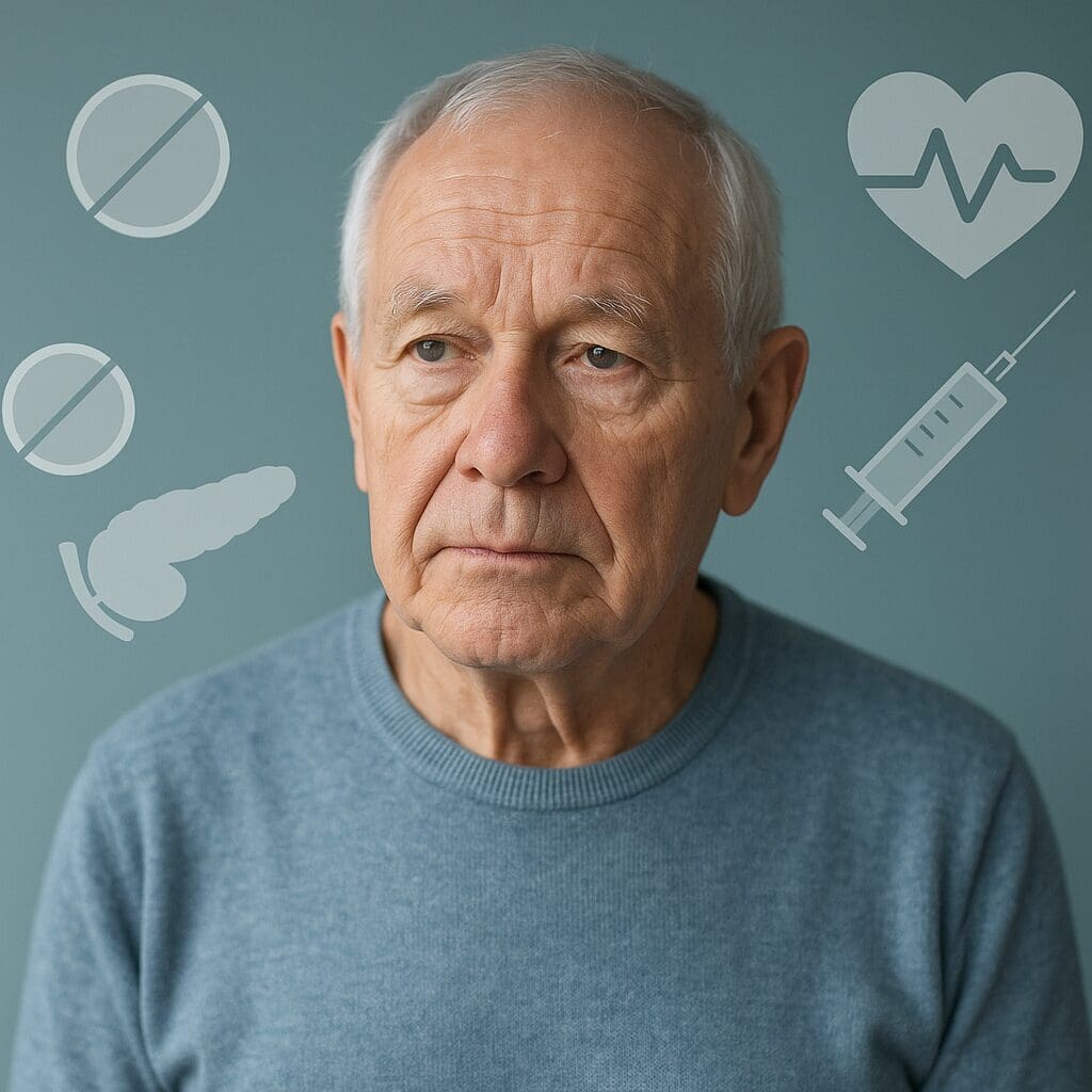 Senior man looking contemplative with medical icons like a heart, syringe, and pancreas floating around him, illustrating depression in seniors linked to chronic conditions.


