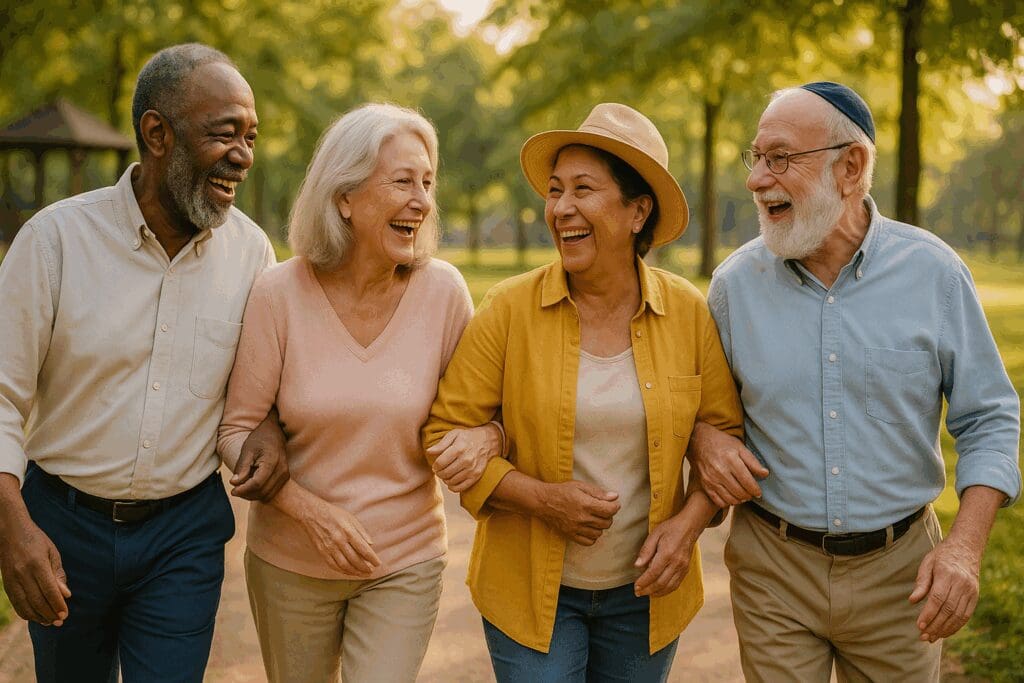 Smiling elderly friends of diverse backgrounds walking arm-in-arm in a sunny park, promoting social connection to reduce depression in seniors.

