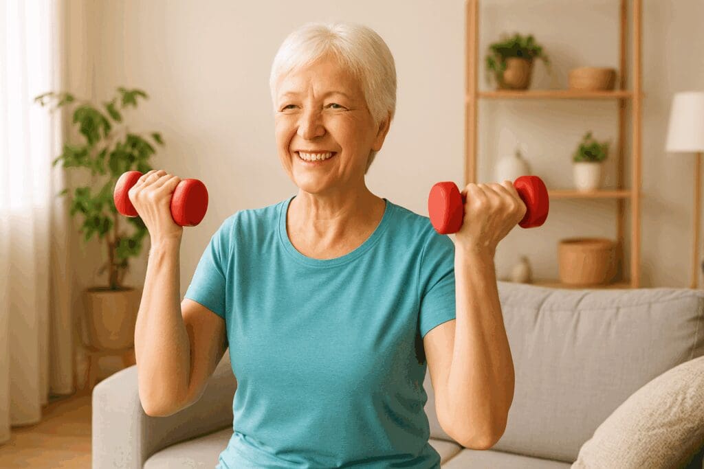 Smiling elderly woman lifting light dumbbells at home to support wellness and prevent depression in seniors

