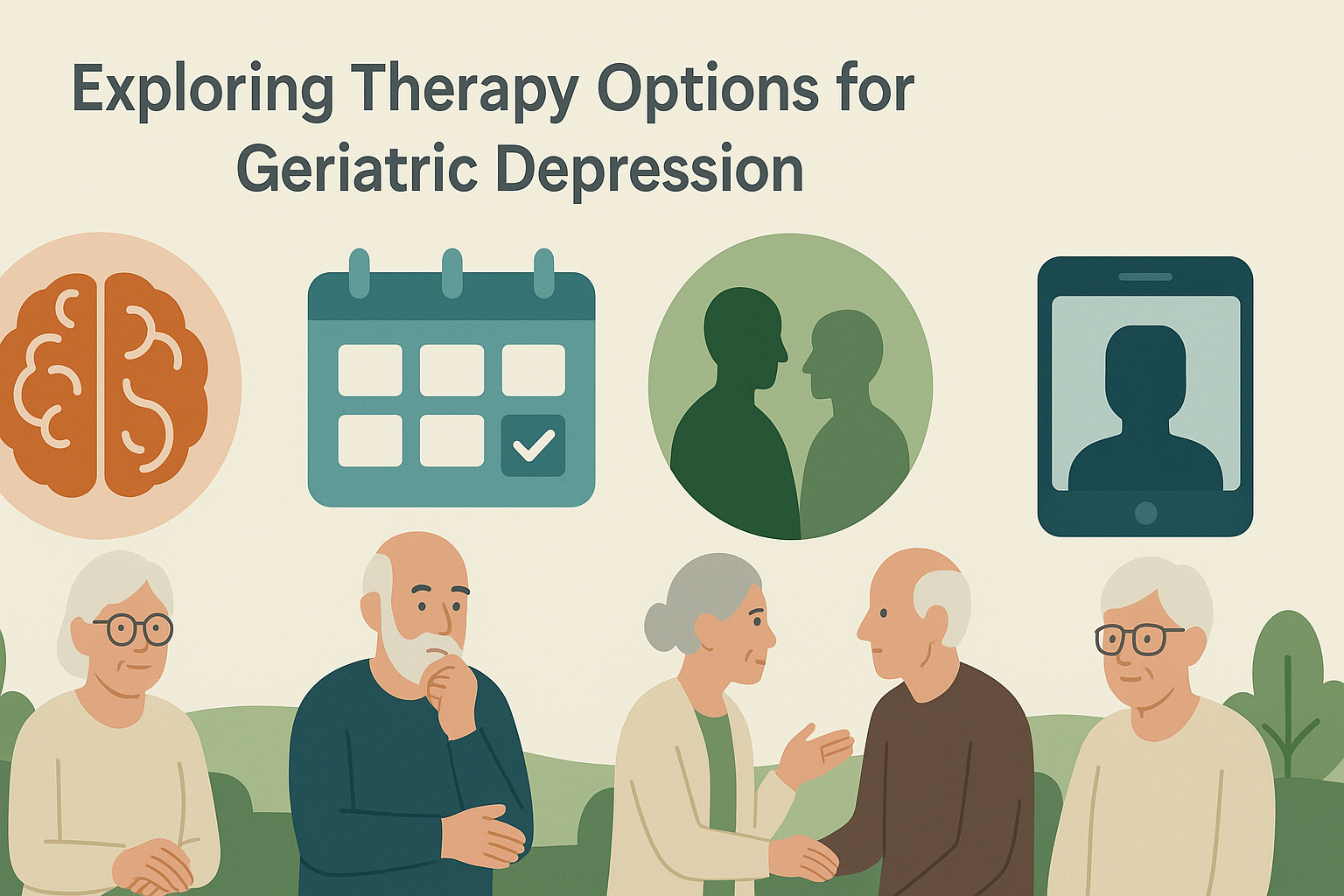 Infographic comparing therapy options for depression in seniors using symbolic icons for CBT, PST, IPT, and teletherapy