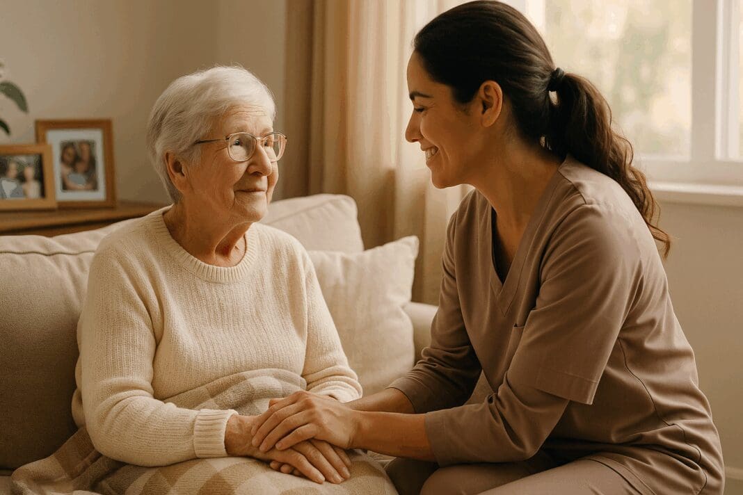Caregiver comforting an elderly woman in a warm home setting, symbolizing local dementia support groups near me.